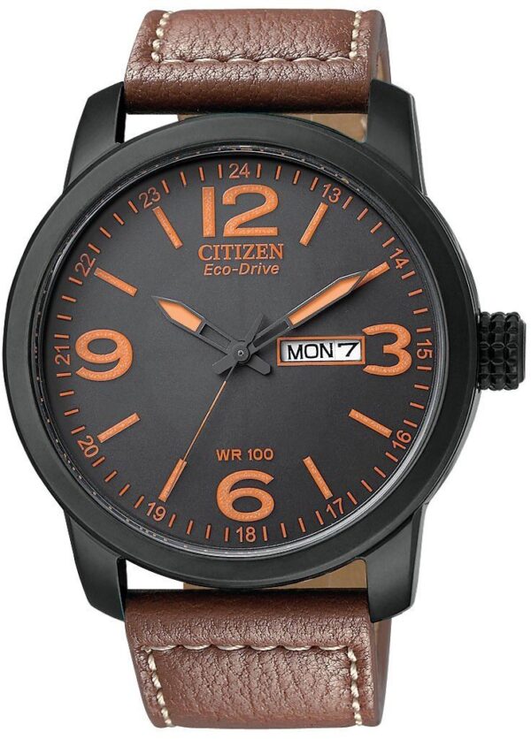 Citizen Eco-Drive Military Black Plated Brown Leather 100m Sports Watch